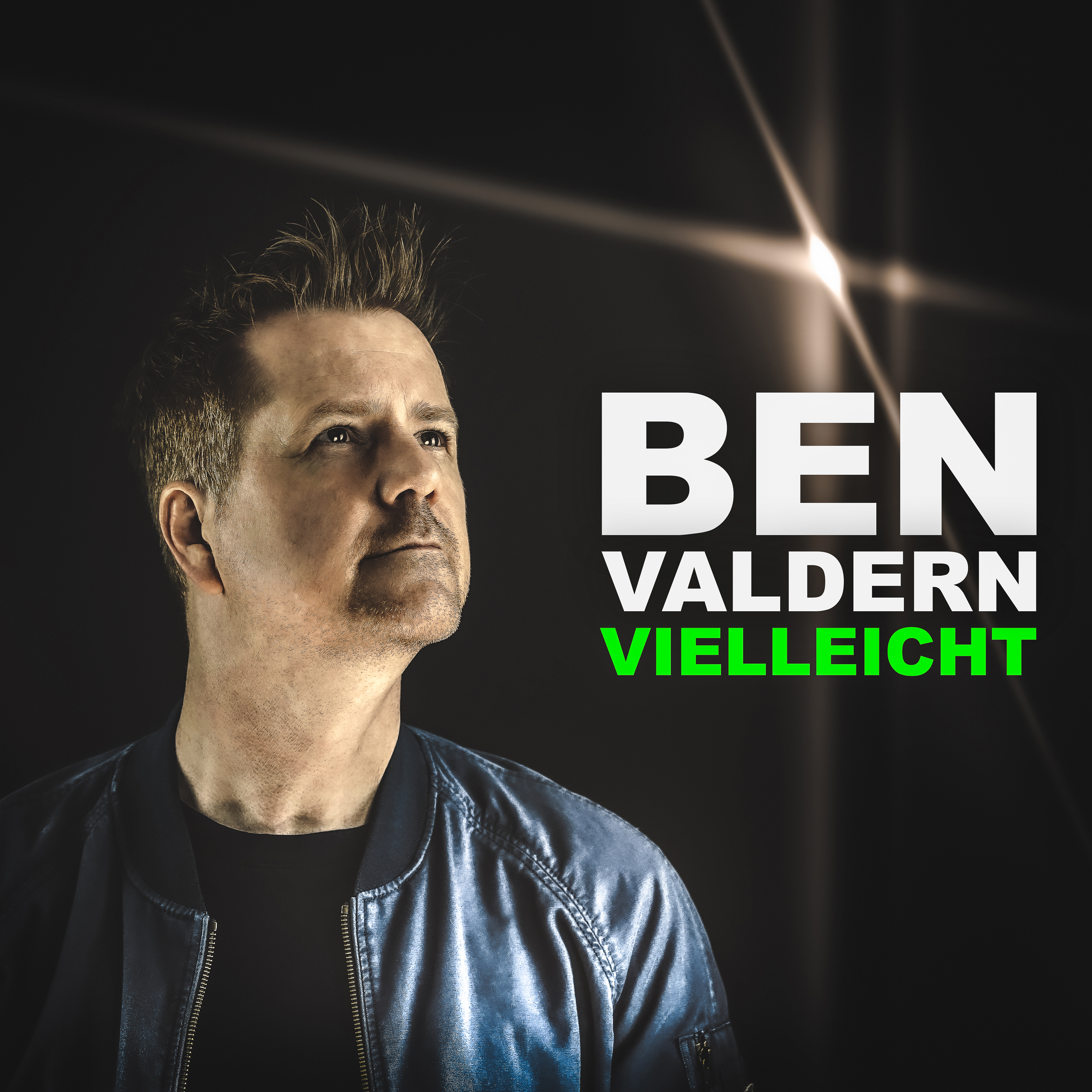 Zu sehen ist das Cover zum neuen Song von ben Valdern. Der Titel heißt Vielleicht und erscheint am 02. Juli 2021. Ben Valdern trägt auf diesem Cover eine blaue Jacke und blickt leicht nach oben. Sein Name ist in weißen Buchstaben geschrieben, der Titel Vielleicht erscheint in einem leuchtenden grün.