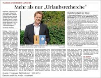 Vorschaubild: Artikel aus dem Freisinger Tagblatt über Friedrich Kalpenstein. Auf dem Bild steht er vor einem Busch und hält zwei seiner Romane in den Händen.