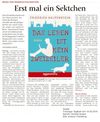 Vorschaubild: Artikel aus dem Freisinger Tagblatt zum Roman Das Leben ist kein Zweizeiler von Friedrich Kalpenstein. Auf dem Bild ist das Cover des Romans abgebildet.