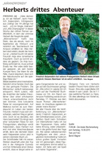 Vorschaubild: Artikel aus dem Freisinger Forum über den Roman Männerferien von Friedrich Kalpenstein. Auf dem Bild steht der Autor vor einem Busch und hält in einer Hand seinen neuen Roman.