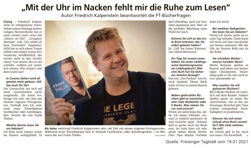 Zeitungsartikel aus dem Freisinger Tagblatt vom 19.01.2021. Was liest Friedrich Kalpenstein? Der Autor hält auf dem Bild ein Buch von Frank Thelen, das er gerade liest.