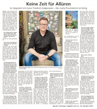 Vorschaubild: Interview mit Friedrich Kalpenstein im Freisinger Tagblatt vom 23. Oktober 2021. Der Autor spricht über seine neuesten Projekte, seiner Buchverfilmung und Corona.