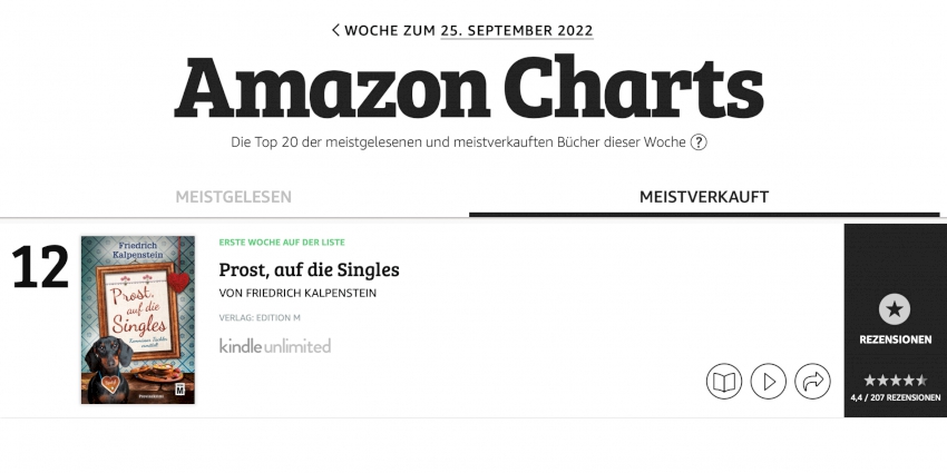 PROST, AUF DIE SINGLES hat es in die Amazon Charts geschafft. Herzlichen Dank an alle Leser:innen!