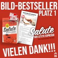 Vorschaubild: Zu sehen ist das Cover des Buches "Salute - Der letzte Espresso". Der erste Teil der Gardasee-Krimireihe ist BILD-Bestseller Platz 1 in der Kalenderwoche 35 geworden. Vielen Dank an alle Leserinnen und Leser.